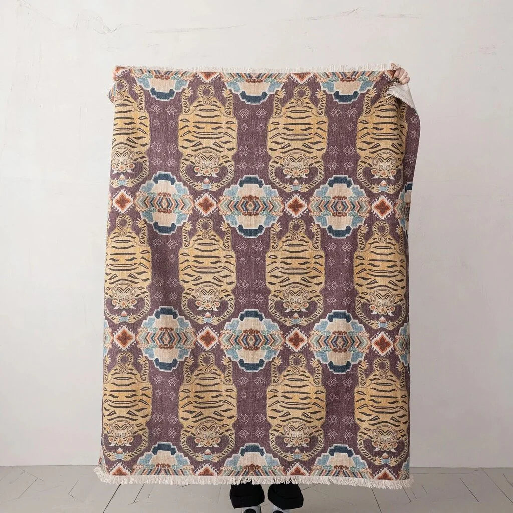 Cotton Slub Printed Throw w/Tibetan Tigers Pattern & Fringe - Thumbnail 3