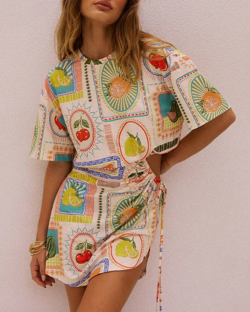 Summer Geometric Fruit Printed Waist-Baring Dress –