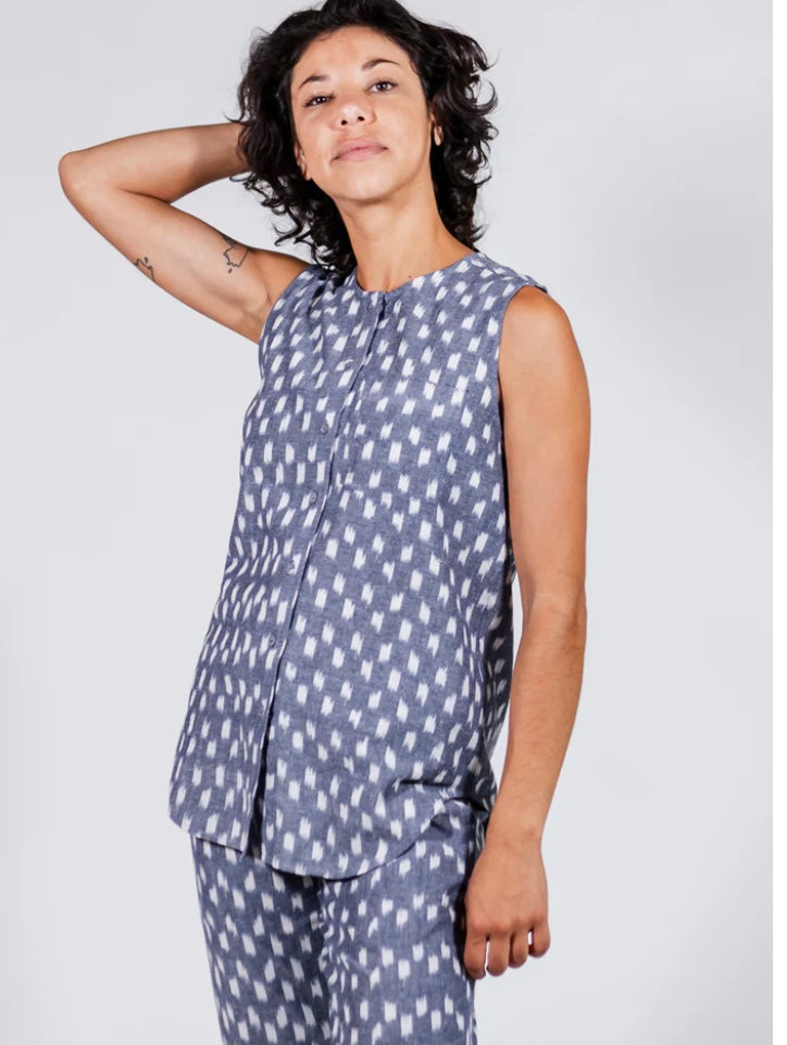 Eleni Sleeveless Tunic Top Blue Ikat –
