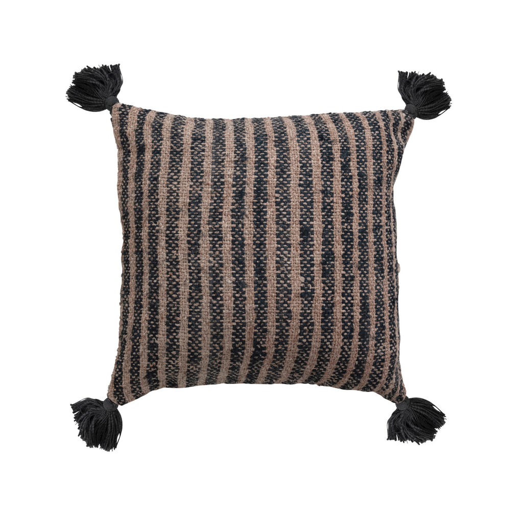 18" Woven Cotton Pillow w/ Stripes & Tassels, Polyester Fill