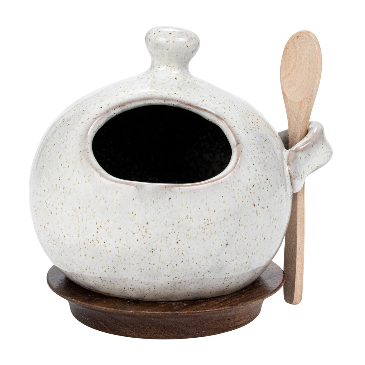 Stoneware Salt Jar w/ Wood Spoon & Base –