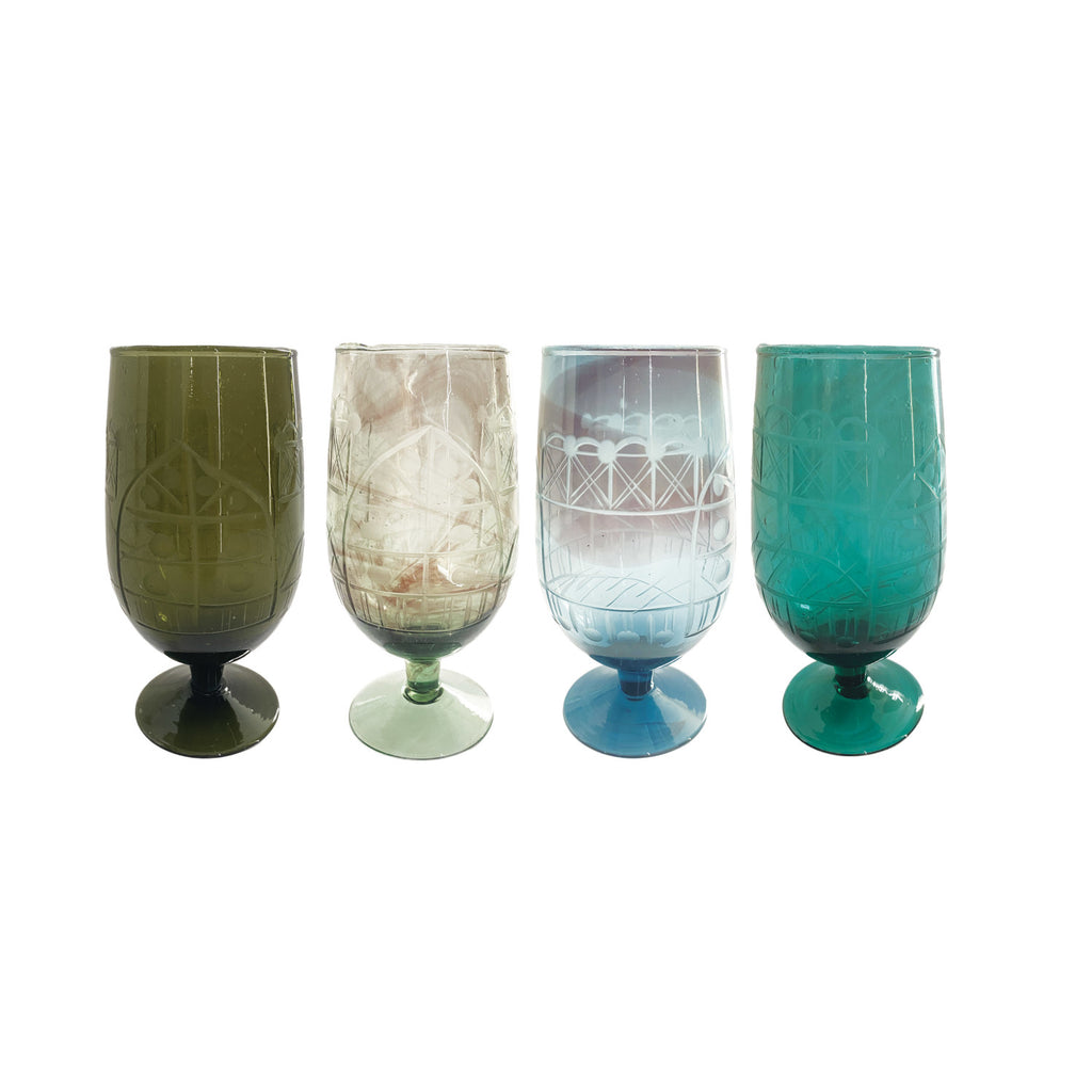 13 oz. Hand-Blown Etched Recycled Drinking Glass, 4 Colors (Each One Will Vary)