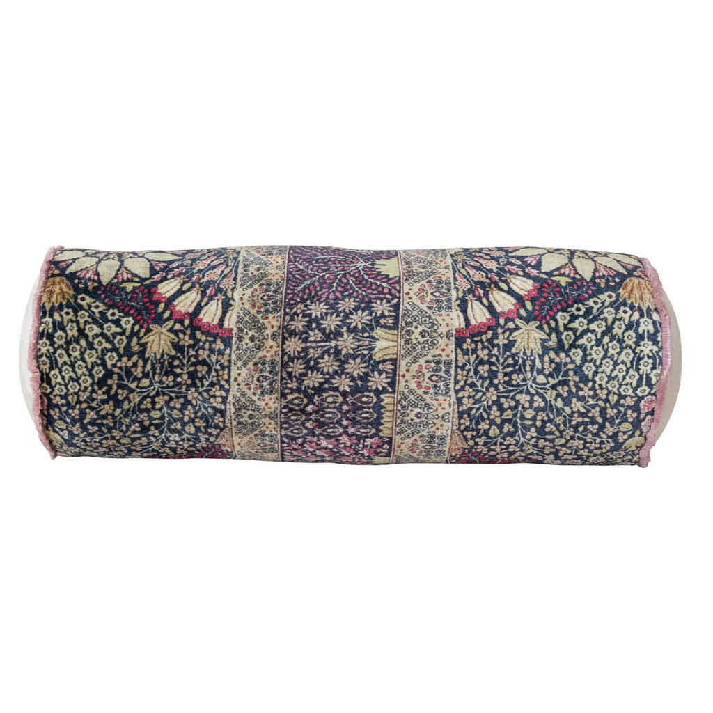 Cotton Velvet Printed Bolster Pillow w/ Botanical Pattern & Eyelash Fringe