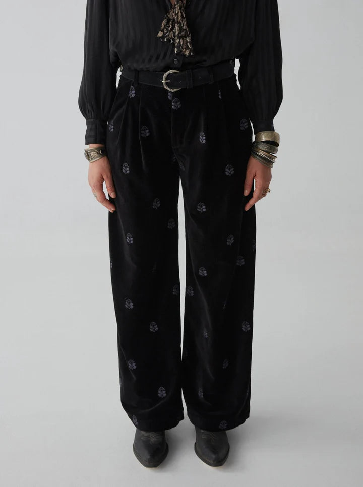 Black Velvet Palazzo Pants with Red or White Rose Embroidery